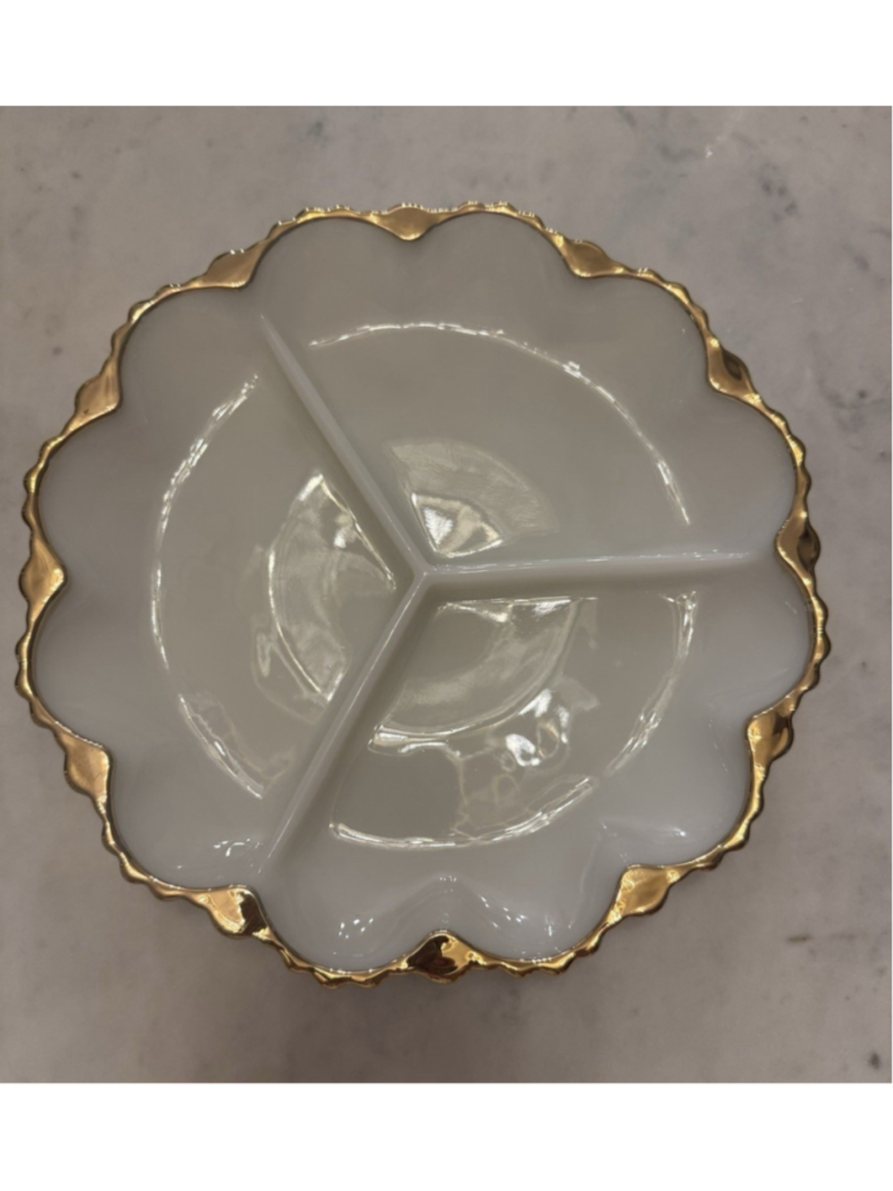 Vintage Anchor Hocking Milk Glass 3 Part Relish Dish 22K Gold Trim 10" MCM